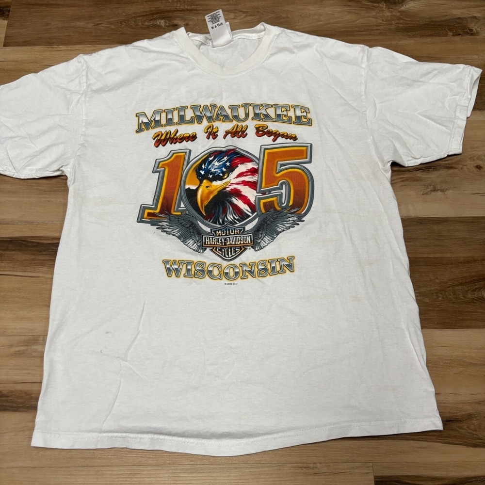 Harley Davidson T-Shirt Mens L 105th Anniversary Cotton Crew White 2008 Heritage